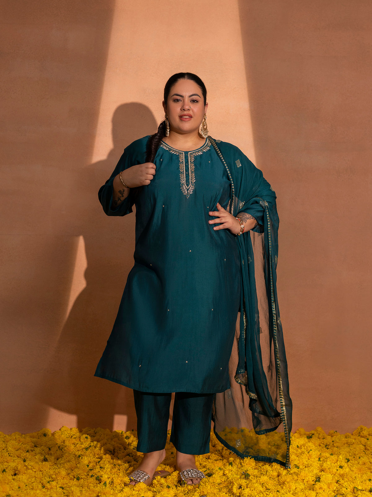 TITTLI Plus Size Women Handwork Embroidered U-Neck Roman Silk Kurta Set with Georgette Cutwork Dupatta(Rama)