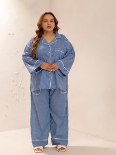 Plus Size Pure Cotton Checkered Printed Shirt and Pyjama Nightsuit (Indigo Blue)