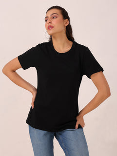 TITTLI Women Solid Colour Pure Cotton Regular Fit T-shirt(Black)