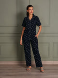 TITTLI Women Pure Cotton Printed Shirt and Pyjama Nightsuit (Navy Blue)