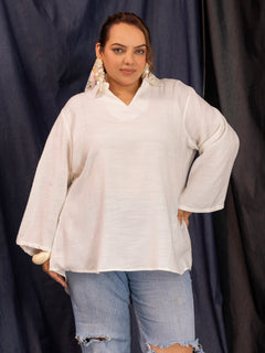 TITTLI Women Plus Size V-Neck Collar Short Kurti with Flared Fit & Full Sleeves (Off White)