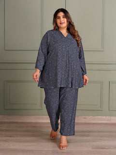 TITTLI Women Plus Size All Over Printed Tunic and Trouser Co Ord Set (Dark Grey)