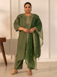 TITTLI Plus Size Women Handwork Embroidered V-Neck Roman Silk Kurta Set with Georgette Cutwork Dupatta (Olive)