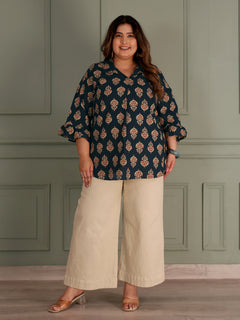 Pure Cotton Collar Shirt With Flared Sleeve Kurti (Dark Blue)