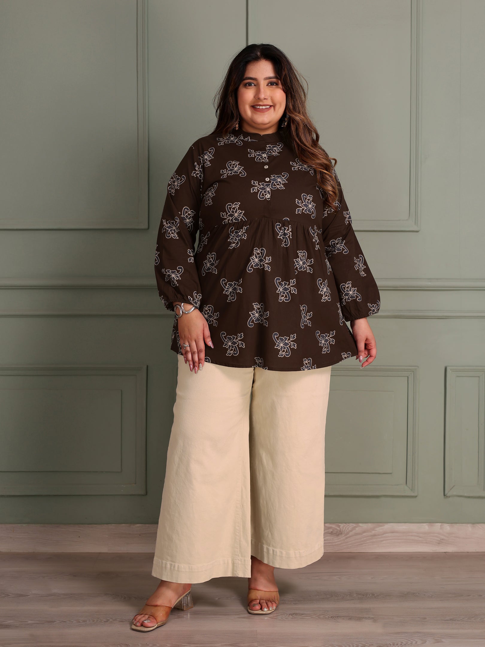 TITTLI Women Plus Size All-Over Printed Puff Sleeves Mandarin Collar Pure Cotton Frailed Kurti (Coffee)
