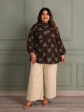 TITTLI Women Plus Size All-Over Printed Puff Sleeves Mandarin Collar Pure Cotton Frailed Kurti (Coffee)