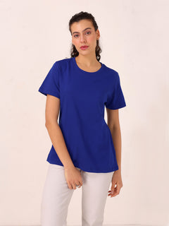 TITTLI Women Solid Colour Pure Cotton Regular Fit T-shirt(Royal Blue)