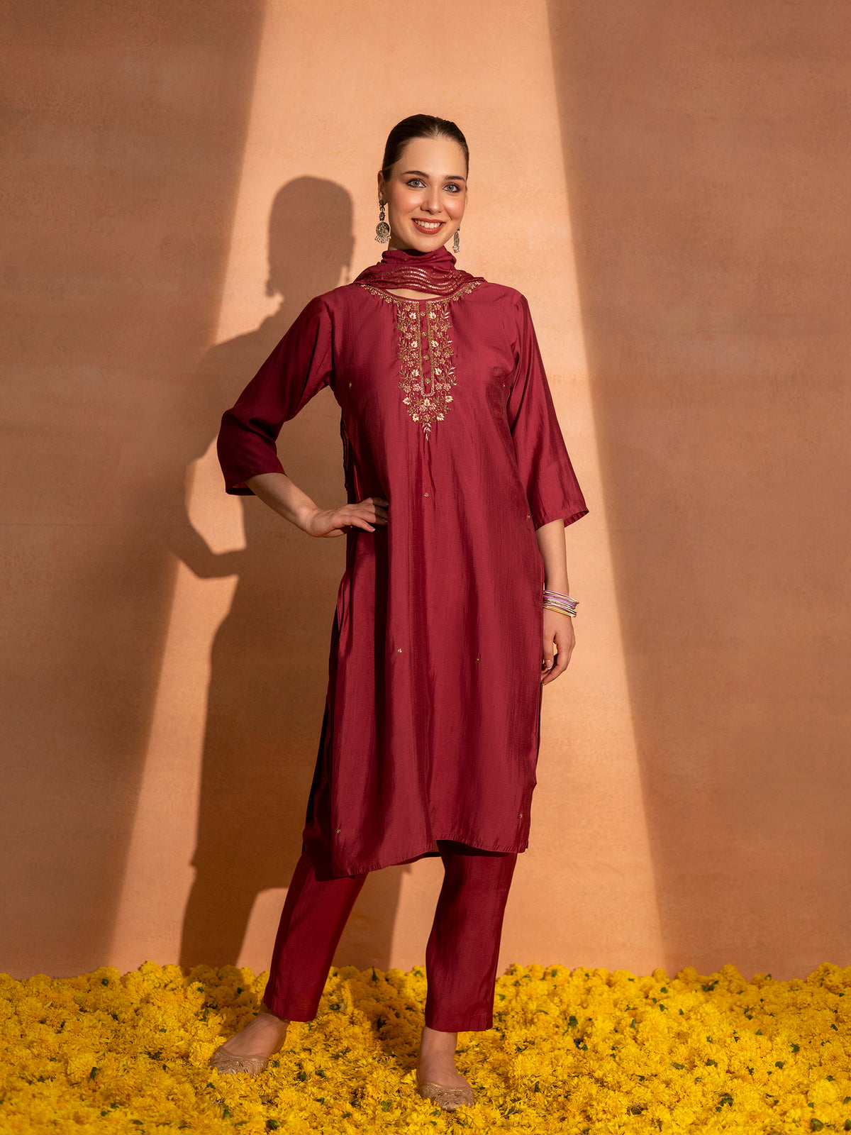TITTLI Plus Size Women Handwork Embroidered U-Neck Roman Silk Kurta Set with Rayon Sequin Work Dupatta (Red)