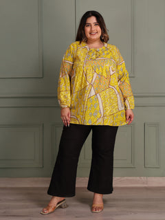 TITTLI Women Plus Size All-Over Printed Puff Sleeves Pure Cotton Frailed Kurti (Mustard)