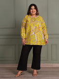 TITTLI Women Plus Size All-Over Printed Puff Sleeves Pure Cotton Frailed Kurti (Mustard)