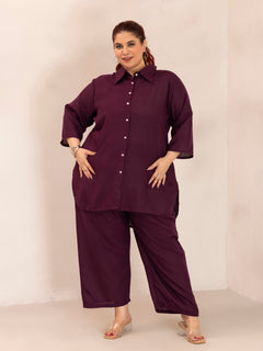 TITTLI Plus Size Women Relaxed Fit Shirt Trousers Co-ord Set(Wine)