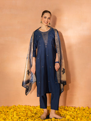 Handwork Embroidered Round Neck Roman Silk Kurta Set with Jacquard Digital Print Dupatta (Navy Blue)