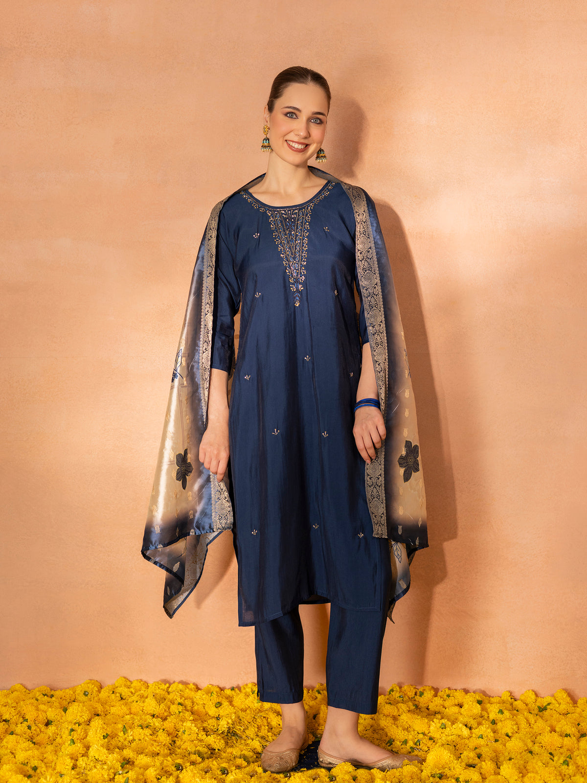 TITTLI Women Handwork Embroidered Round Neck Roman Silk Kurta Set with Jacquard Digital Print Dupatta (Navy Blue)