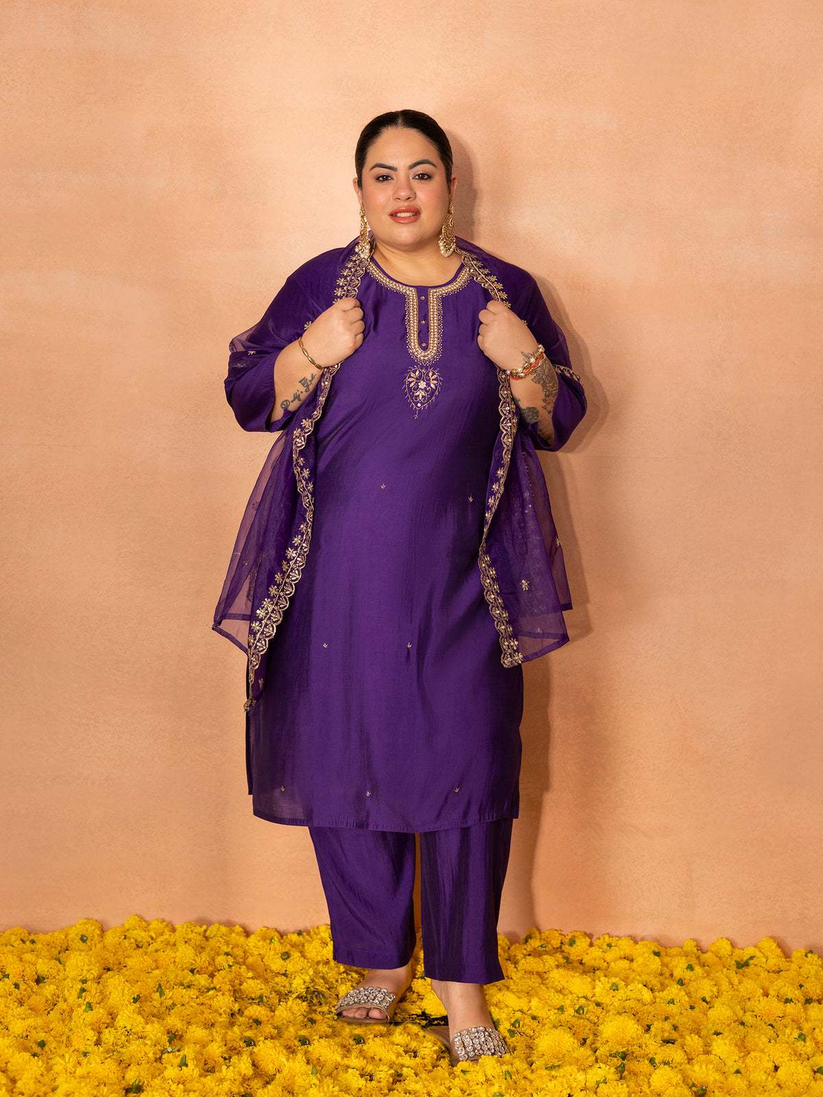 TITTLI Plus Size Women Handwork Embroidered U-Neck Roman Silk Kurta Set with Georgette Cutwork Dupatta(Violet)