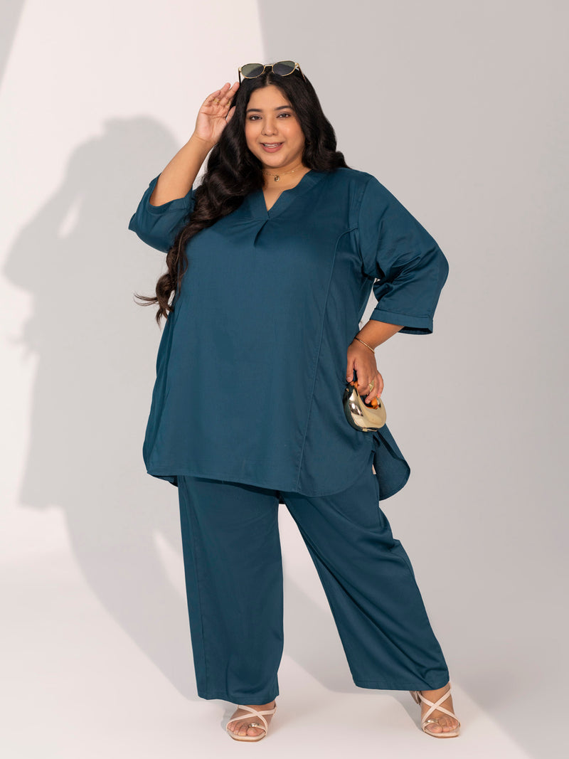 TITTLI Women Cotton Silk V-Neck Tunic & Trousers Plus Size Co-Ord Set (Airforce)