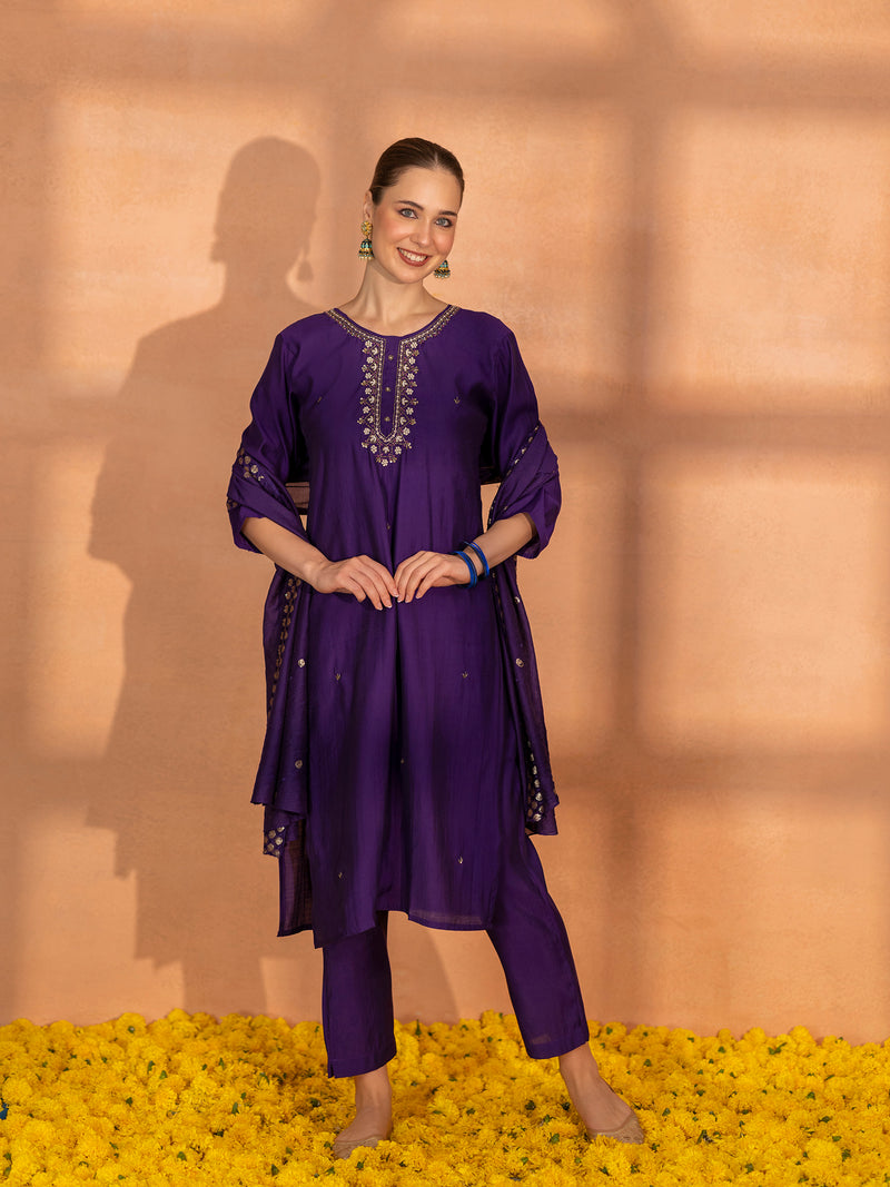 TITTLI Women Handwork Embroidered U-Neck Roman Silk Kurta Set with Georgette Cutwork Dupatta (Violet)