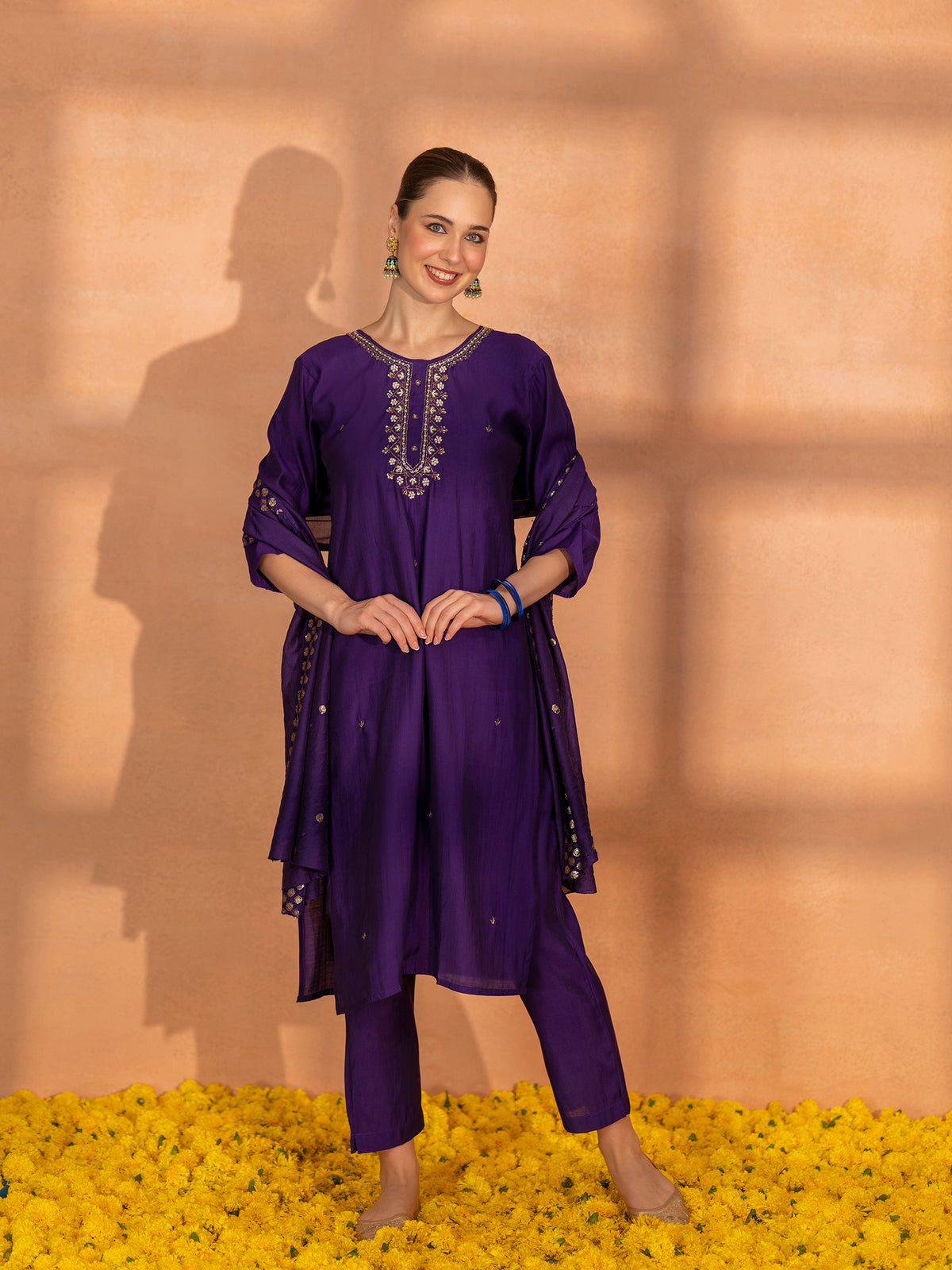 TITTLI Women Handwork Embroidered U-Neck Roman Silk Kurta Set with Georgette Cutwork Dupatta (Violet)