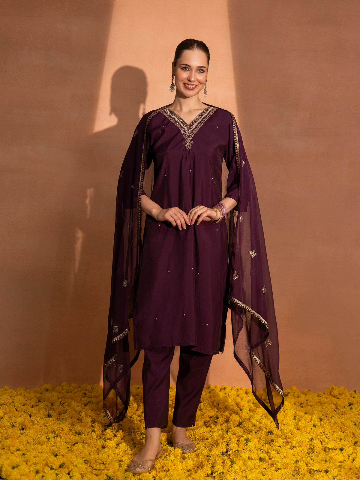 TITTLI Women Handwork Embroidered V-Neck Roman Silk Kurta Set with Georgette Cutwork Dupatta (Wine)