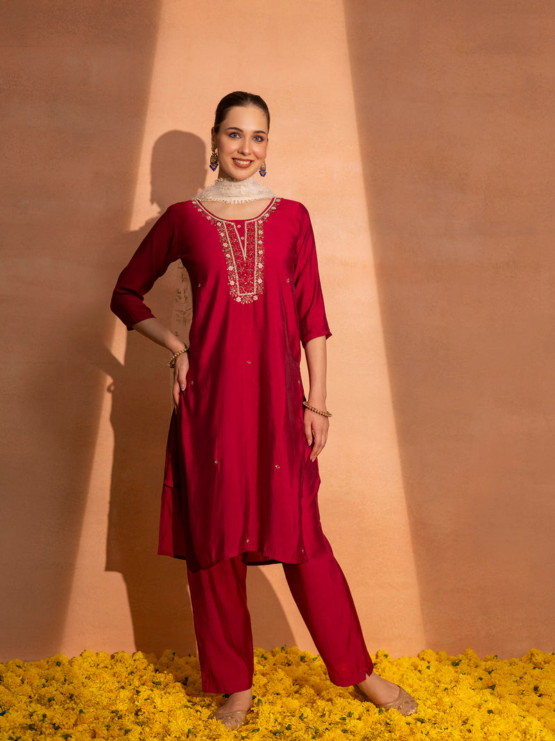 TITTLI Women Handwork Embroidered U-Neck Roman Silk Kurta Set with Embroidered Net Dupatta (Cherry Red)