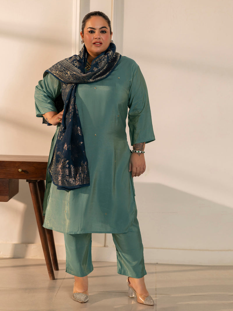 TITTLI Plus Size Women Handwork Embroidered V-Neck Roman Silk Kurta Set with Jacquard Banarasi Dupatta(Aqua)