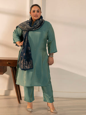 Handwork Embroidered V-Neck Roman Silk Kurta Set with Jacquard Banarasi Dupatta (Aqua)
