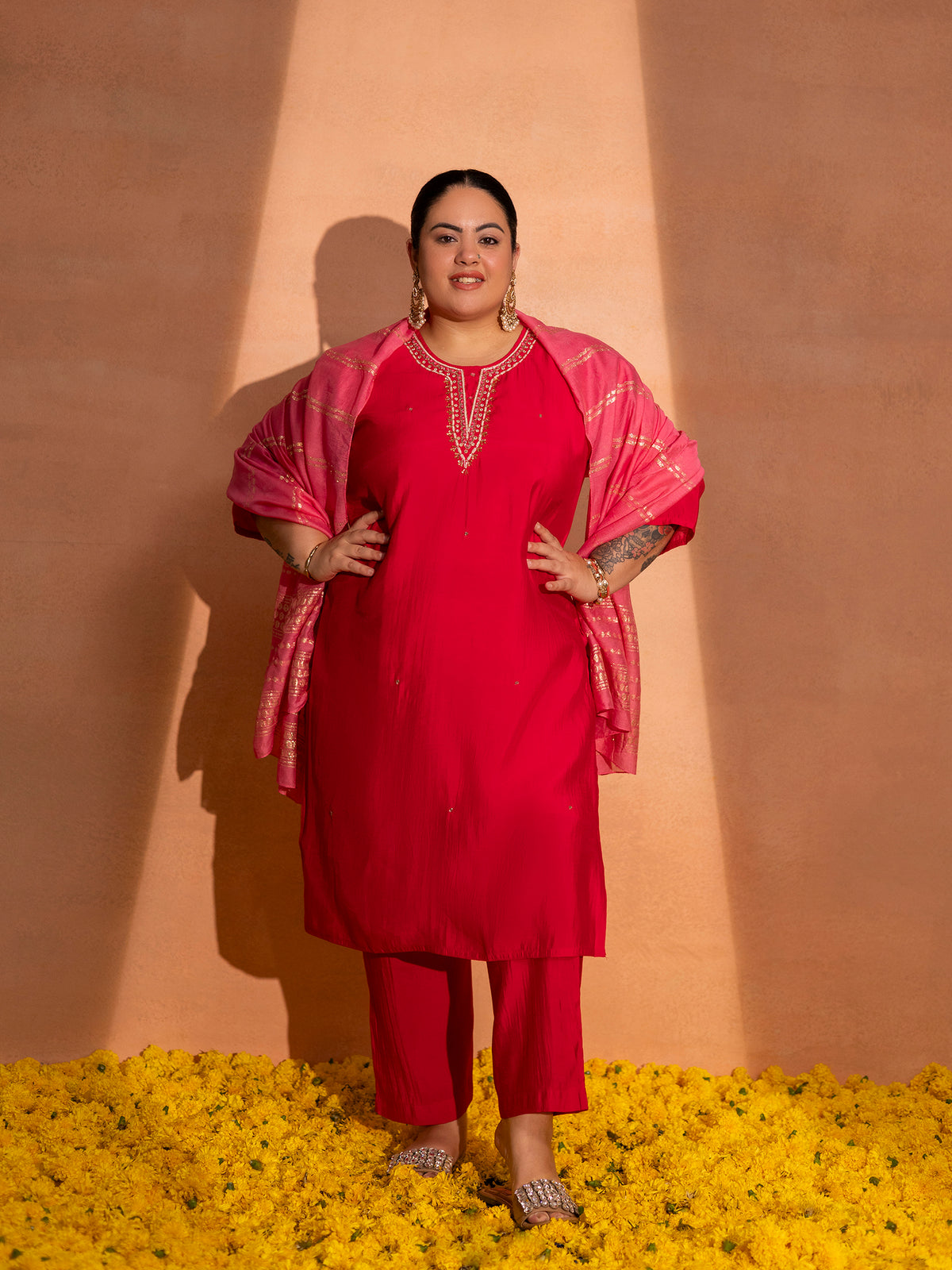 TITTLI Plus Size Women Handwork Embroidered U-Neck Roman Silk Kurta Set with Jacquard Dupatta (Red)
