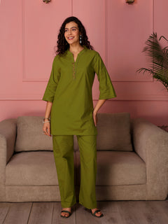 TITTLI Women Pure Cotton Solid  Tunic and Trouser Co-Ord Set (Green)