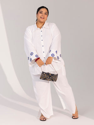 TITTLI Women Plus Size Cotton Shirt and Trousers Co-ord Set with Evil Eye Cuffs(Off White)