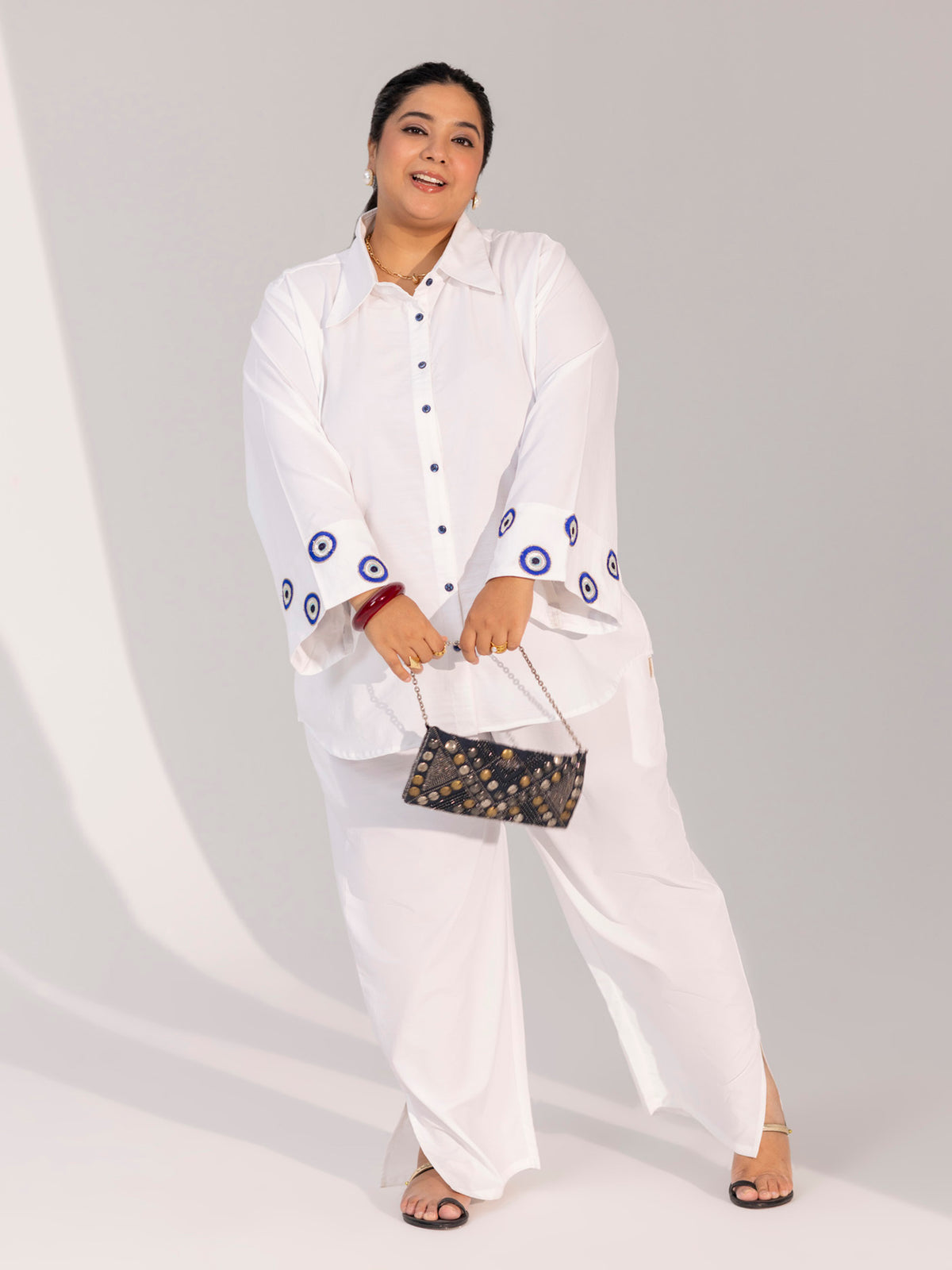 TITTLI Women Plus Size Cotton Shirt and Trousers Co-ord Set with Evil Eye Cuffs(Off White)