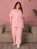 TITTLI Women Pure Cotton Printed Shirt and Pyjama Nightsuit (Pink)
