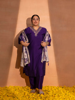 TITTLI Plus Size Women Handwork Embroidered V-Neck Roman Silk Kurta Set with Jacquard Digital Printed Dupatta (Violet)