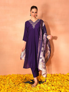 TITTLI Women Handwork Embroidered V-Neck Roman Silk Kurta Set with Jacquard Digital Printed Dupatta (Violet)