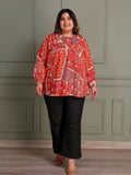 TITTLI Women Plus Size All-Over Printed Puff Sleeves Pure Cotton Frailed Kurti (Orange)