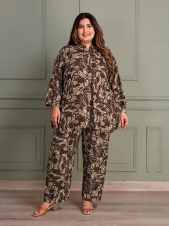TITTLI Women All Over Printed Viscose Rayon Tunic And Trouser Co-Ord Set (Rose Brown)