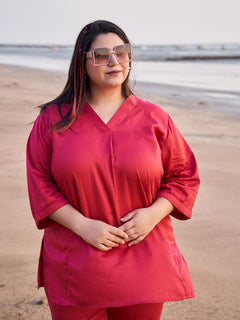 TITTLI Women Cotton Silk V-Neck Tunic & Trousers Plus Size Co-Ord Set (Carrot)
