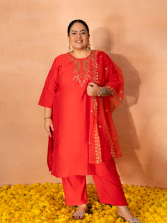 TITTLI Plus Size Women Handwork Embroidered U-Neck Roman Silk Kurta Set with Cut-Work Dupatta (Red)
