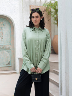 TITTLI Women Solid Satin Stretch Relaxed Fit Shirt(Pista)
