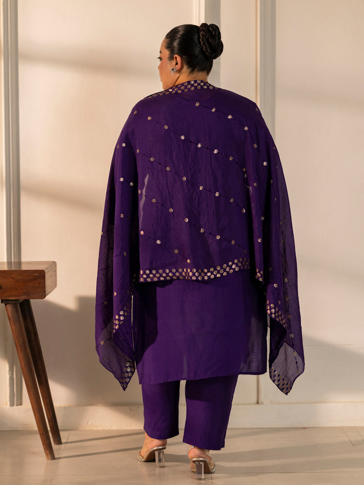 TITTLI Plus Size Women Handwork Embroidered U-Neck Roman Silk Kurta Set with Georgette Cutwork Dupatta(Violet)