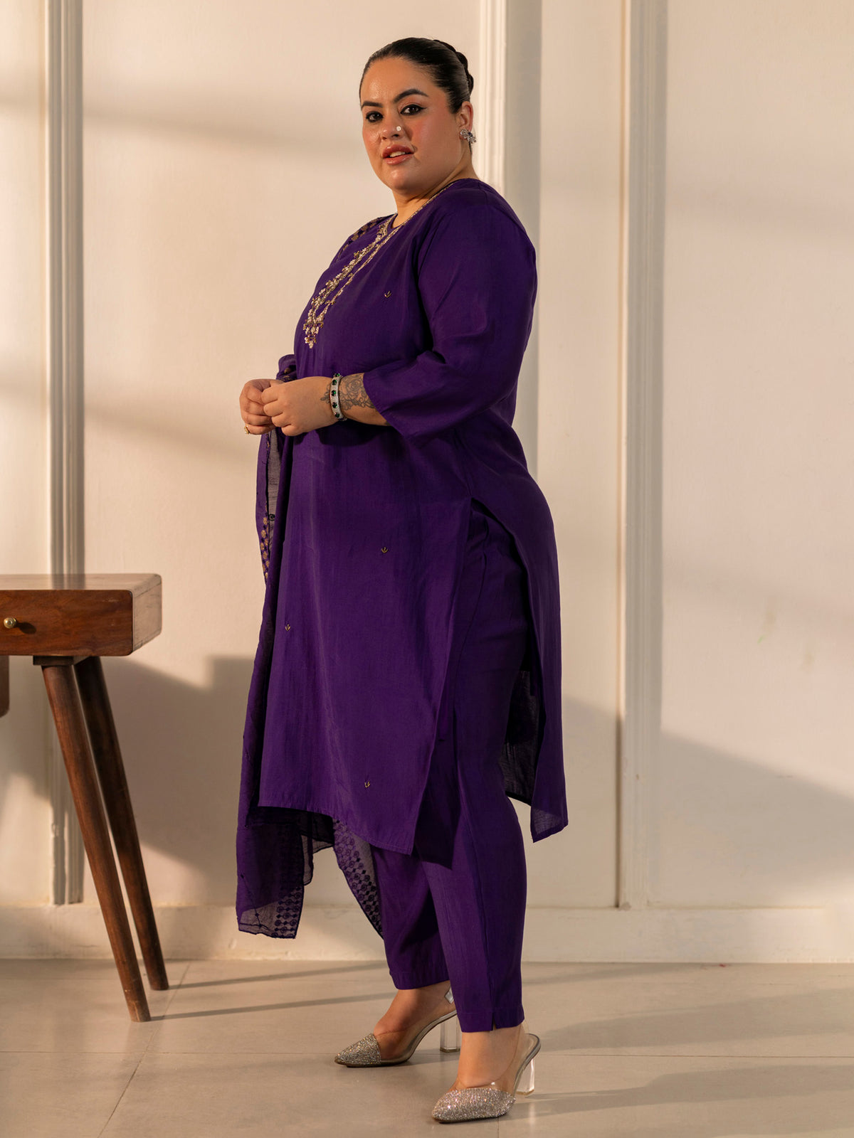 TITTLI Plus Size Women Handwork Embroidered U-Neck Roman Silk Kurta Set with Georgette Cutwork Dupatta(Violet)