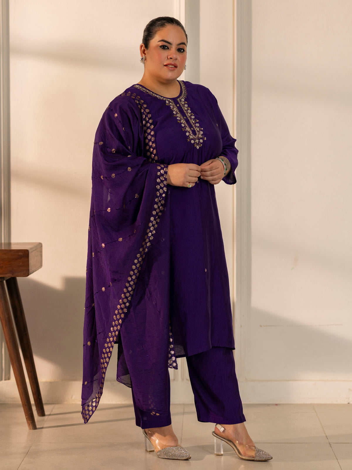 TITTLI Plus Size Women Handwork Embroidered U-Neck Roman Silk Kurta Set with Georgette Cutwork Dupatta(Violet)