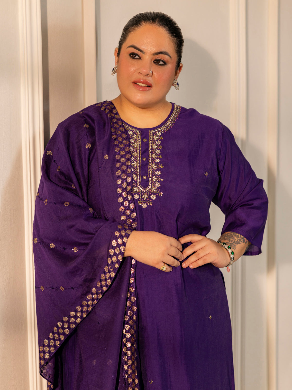 TITTLI Plus Size Women Handwork Embroidered U-Neck Roman Silk Kurta Set with Georgette Cutwork Dupatta(Violet)