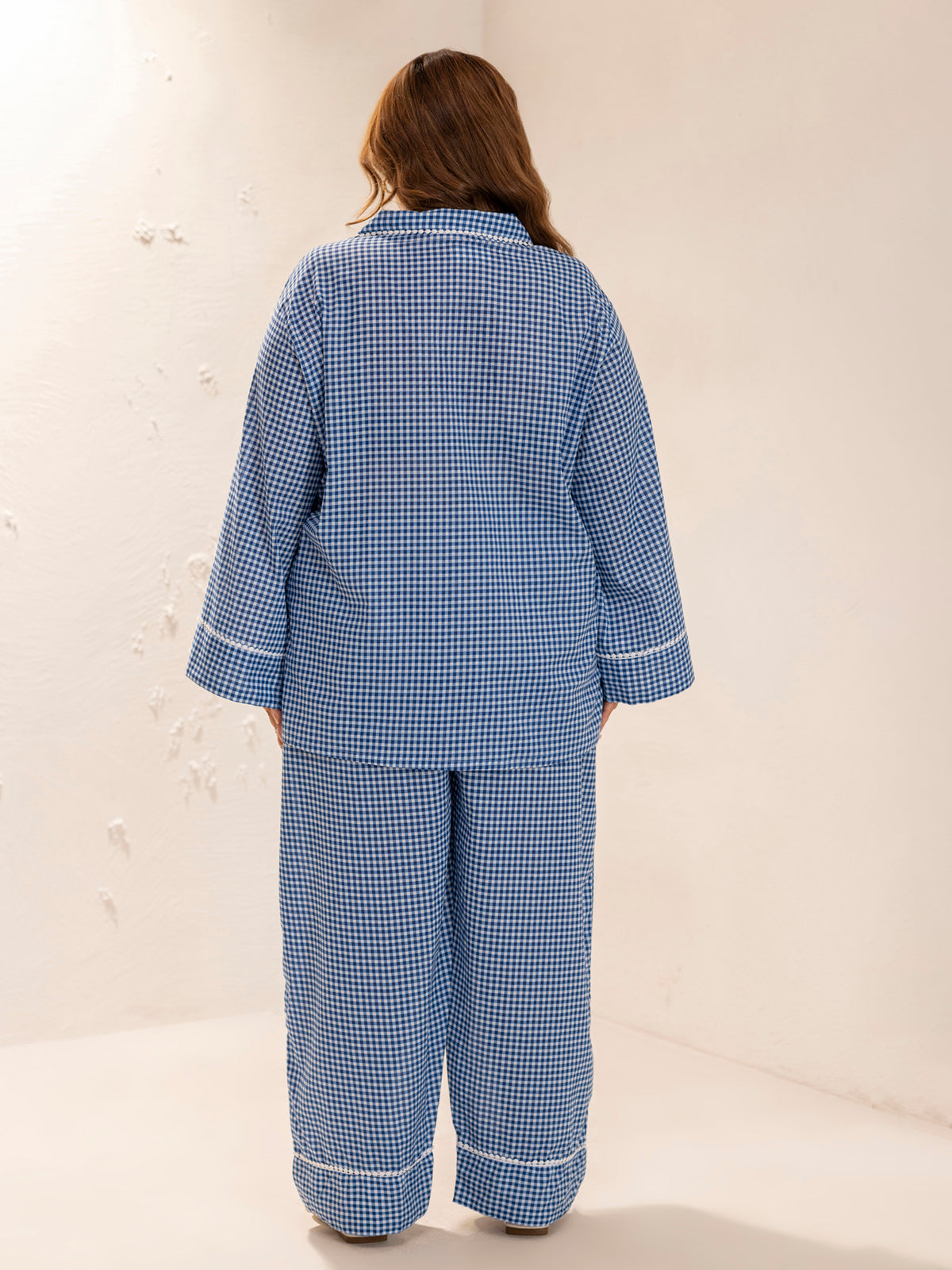 Plus Size Pure Cotton Checkered Printed Shirt and Pyjama Nightsuit (Indigo Blue)