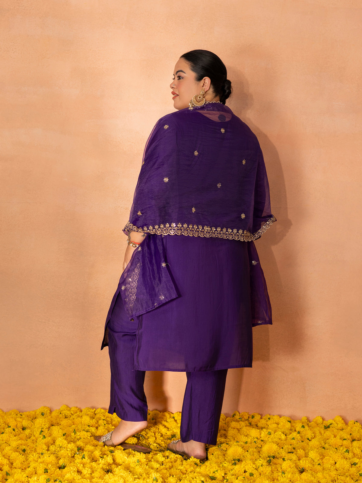 TITTLI Plus Size Women Handwork Embroidered U-Neck Roman Silk Kurta Set with Georgette Cutwork Dupatta(Violet)