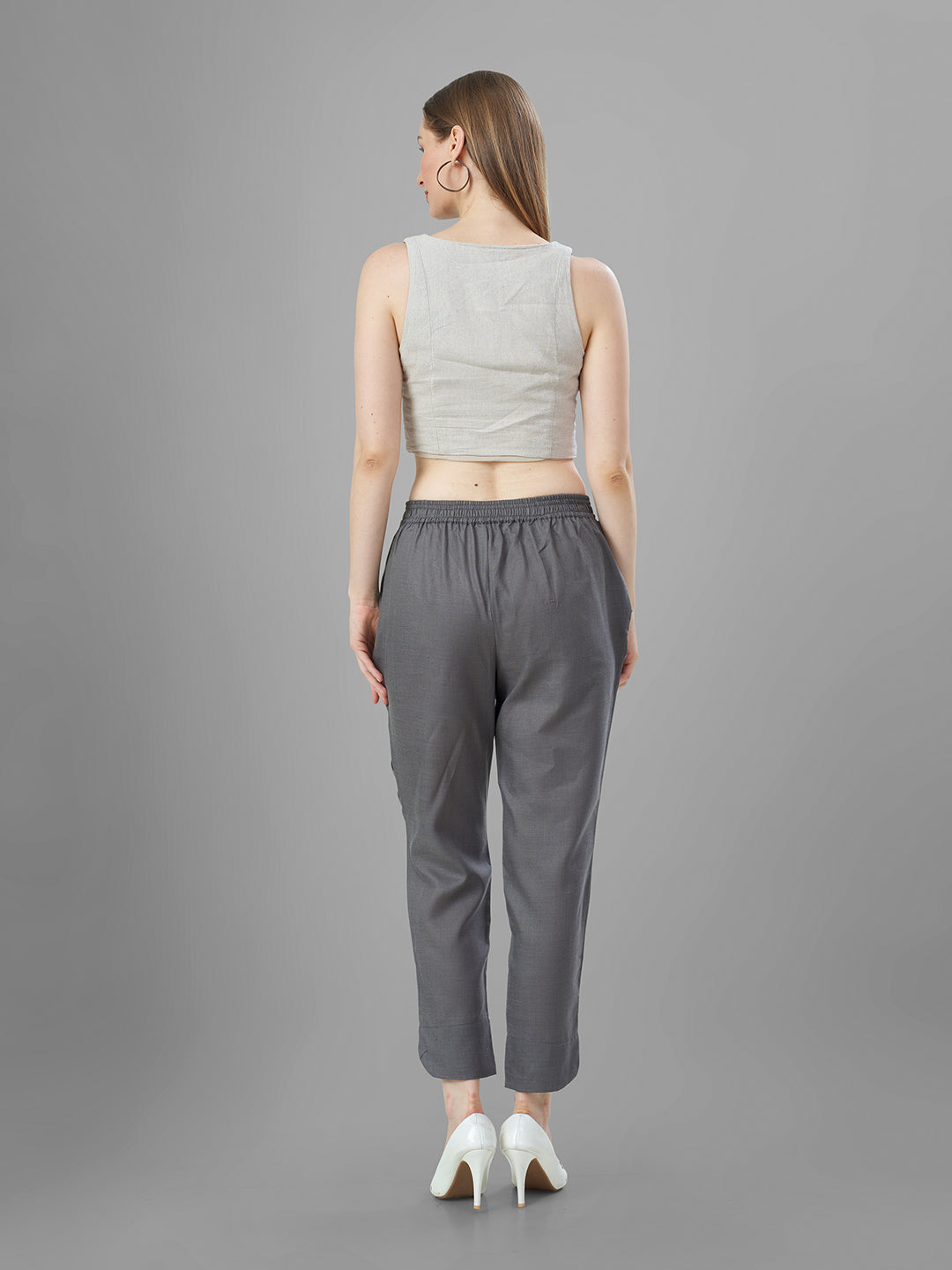 Trendy Silk Cigarette Pants for Ladies in Steel Grey back view
