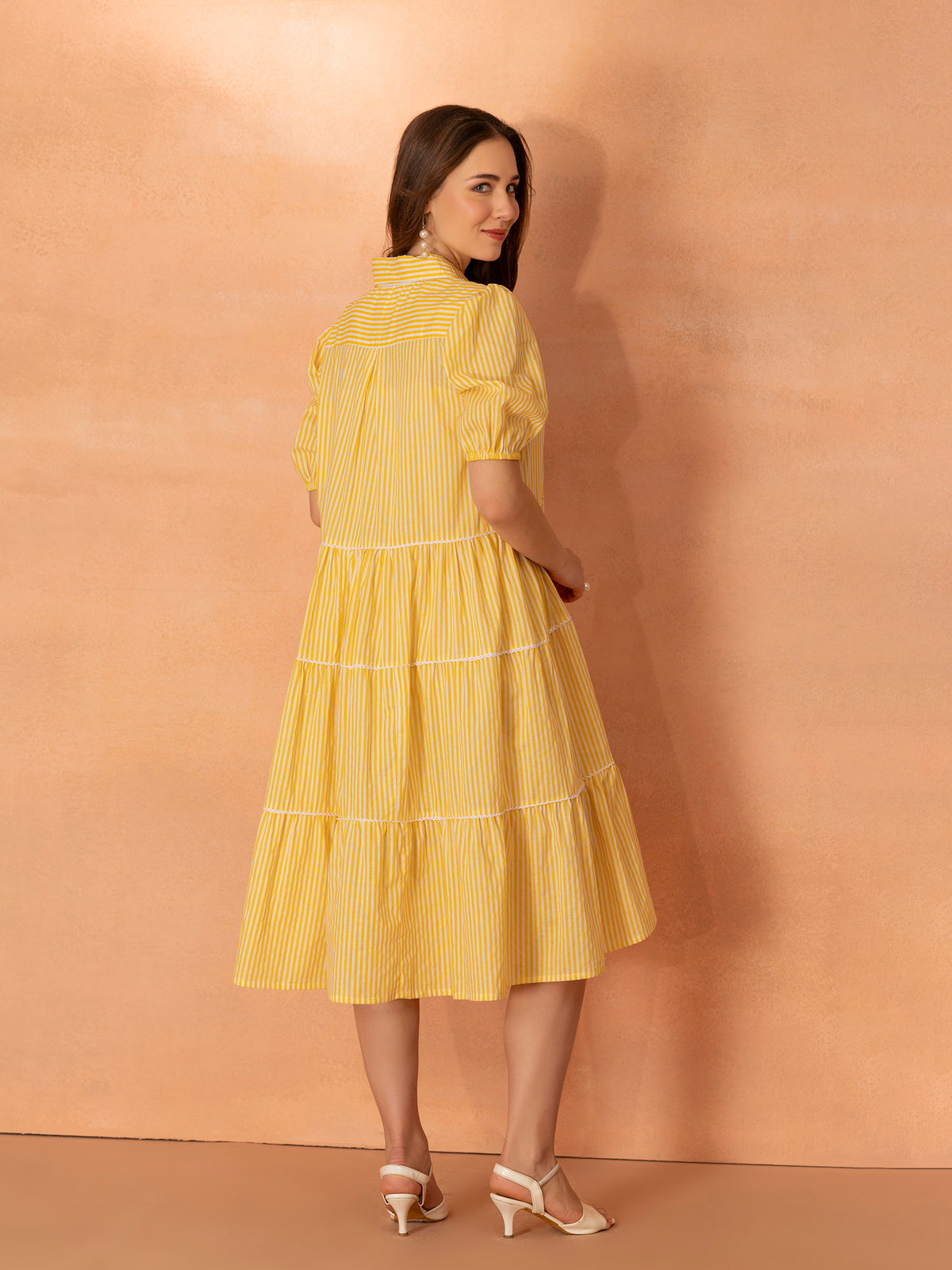TITTLI Women's Cotton Striped Shirt-Style Tiered Lace Detailing Knee Length Dress with Puff Sleeves & Button Front Closure (White & Yellow)