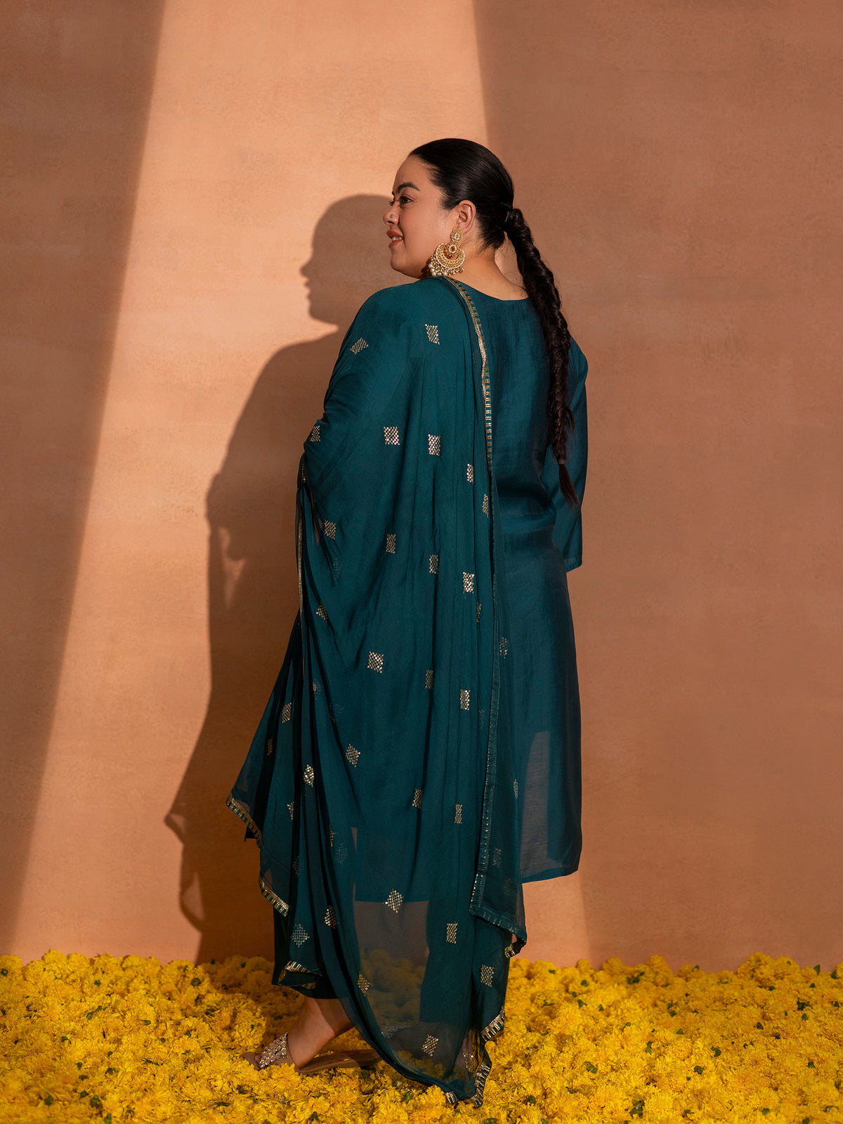 TITTLI Plus Size Women Handwork Embroidered U-Neck Roman Silk Kurta Set with Georgette Cutwork Dupatta(Rama)