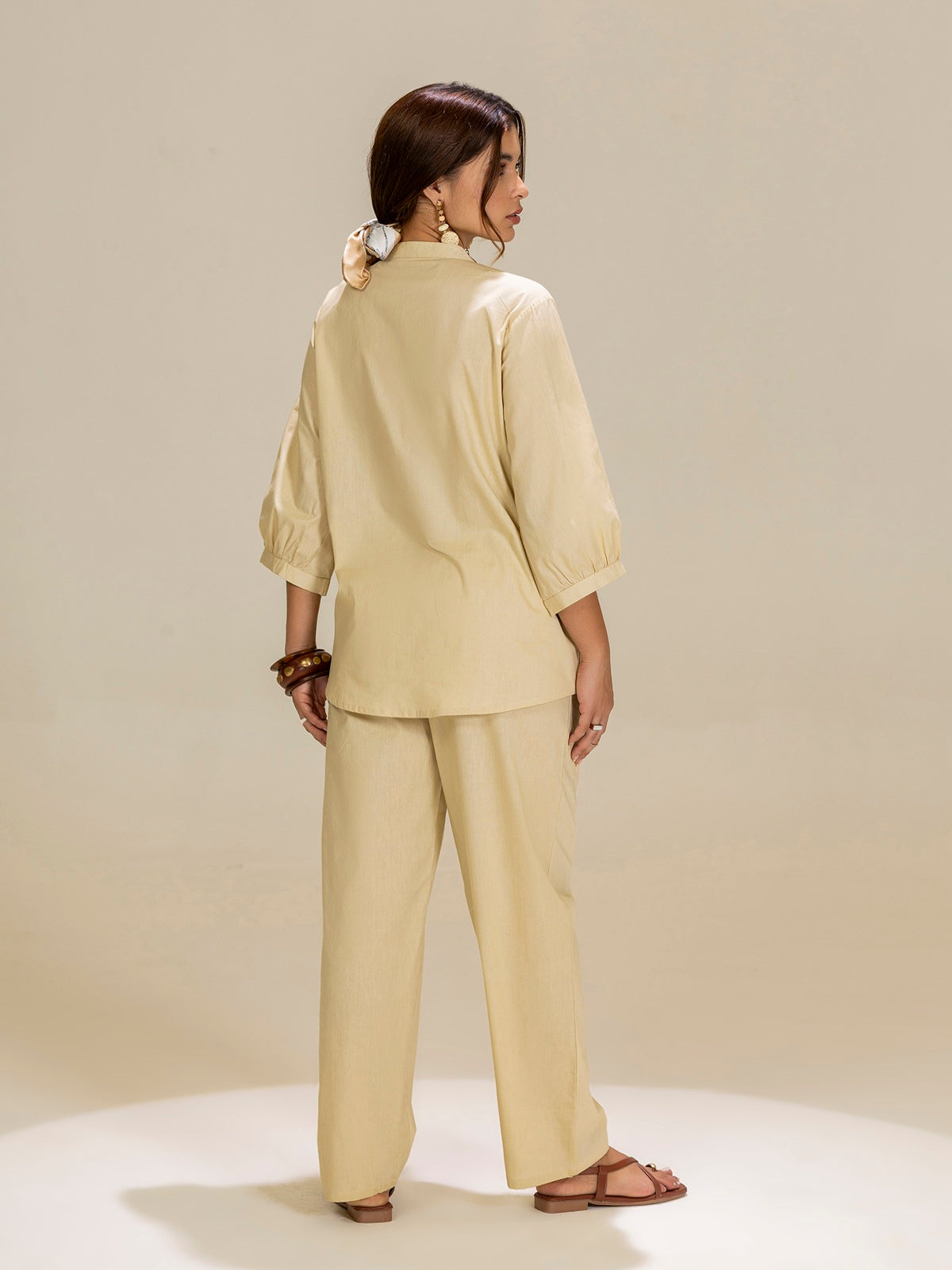 TITTLI Beige Colour Printed Relaxed Fit Pure Cotton Shirt And Trouser Co-Ord Set For Womens