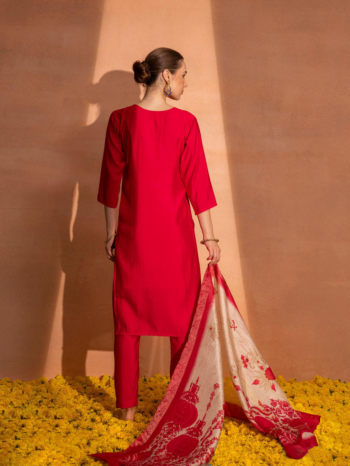 TITTLI Women Handwork Embroidered V-Neck Roman Silk Kurta Set with Jacquard Digital Printed Dupatta (Red)
