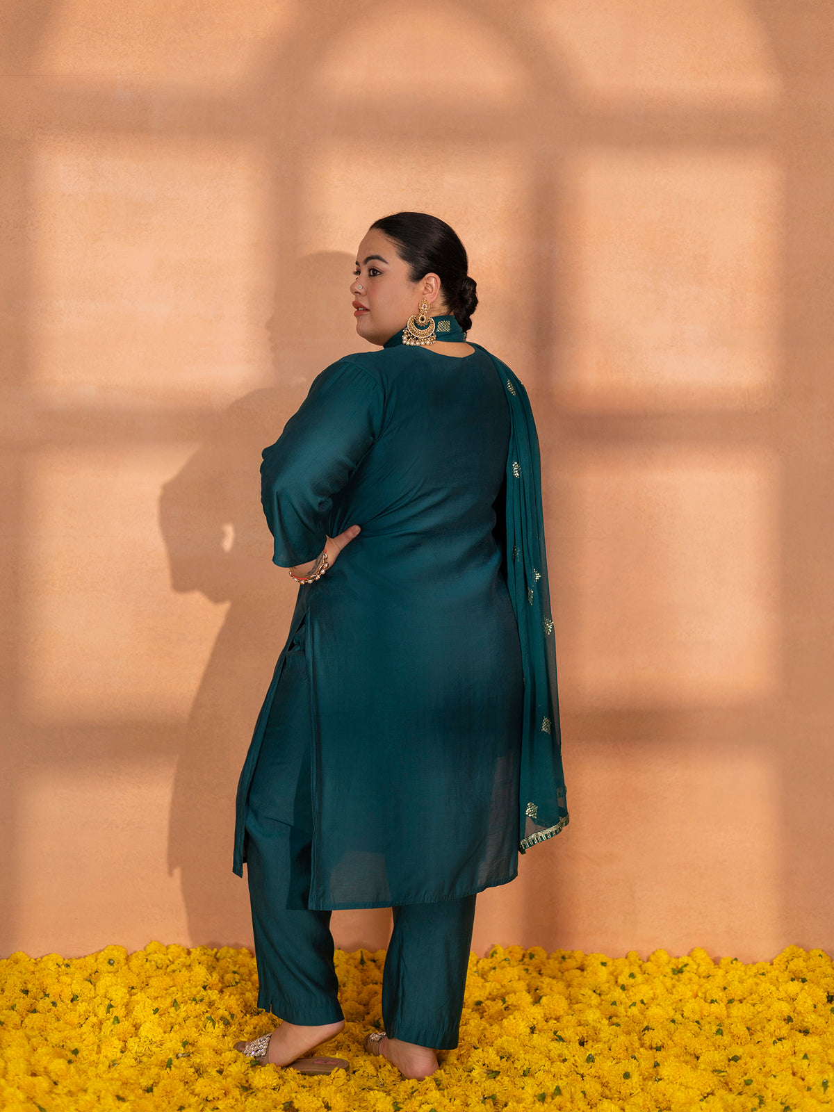 TITTLI Plus Size Women Handwork Embroidered U-Neck Roman Silk Kurta Set with Dupatta(Rama)