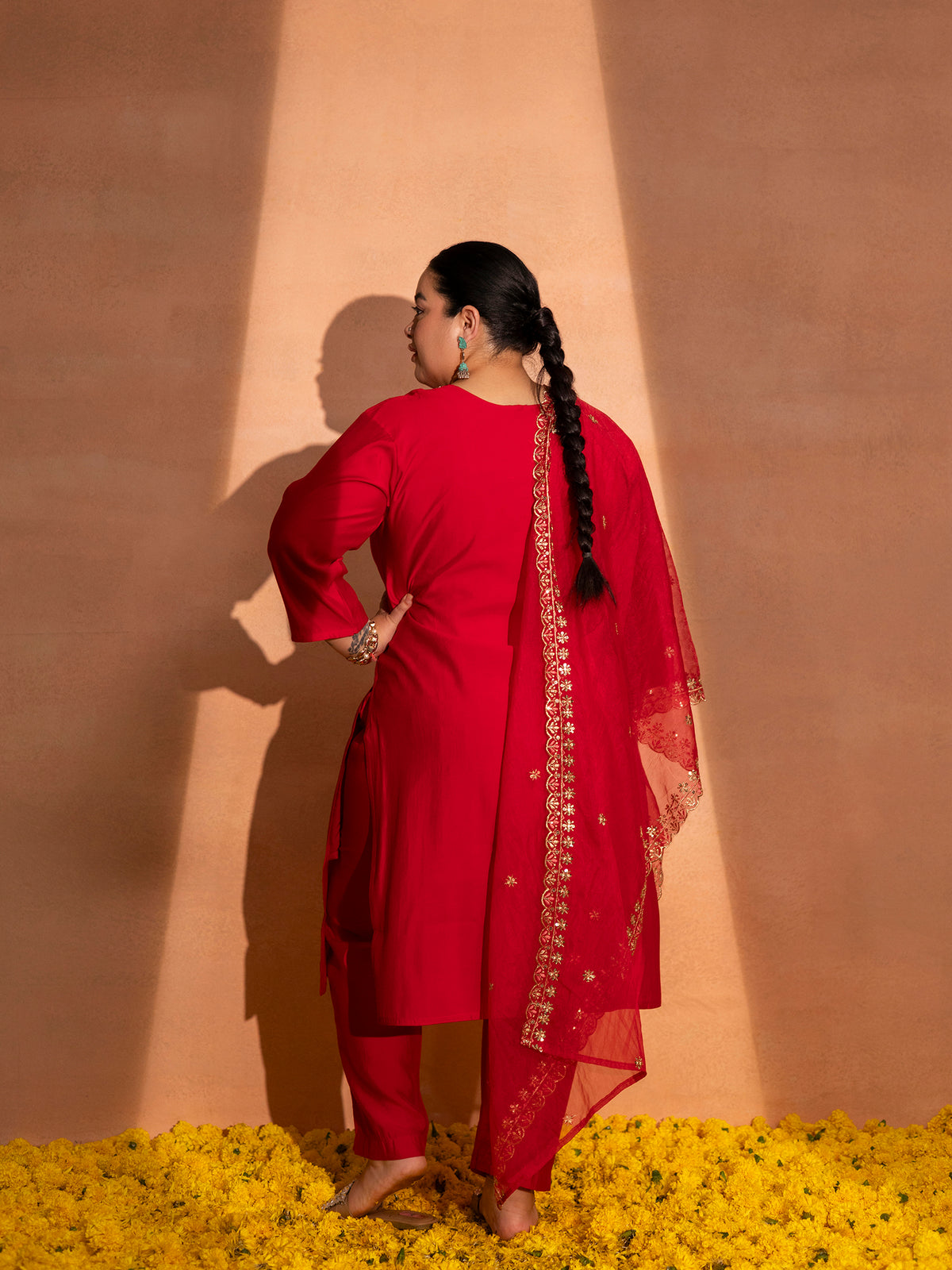 TITTLI Plus Size Women Handwork Embroidered U-Neck Roman Silk Kurta Set with Georgette Cutwork Dupatta(Red)